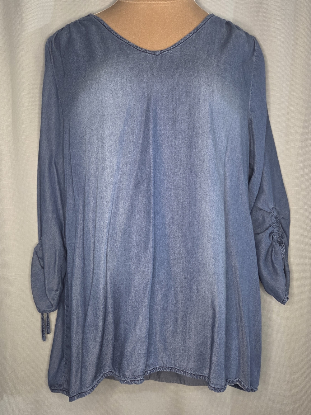 Womens Blue Chambray Tie-Sleeve Top By Catos Size 14/16 W